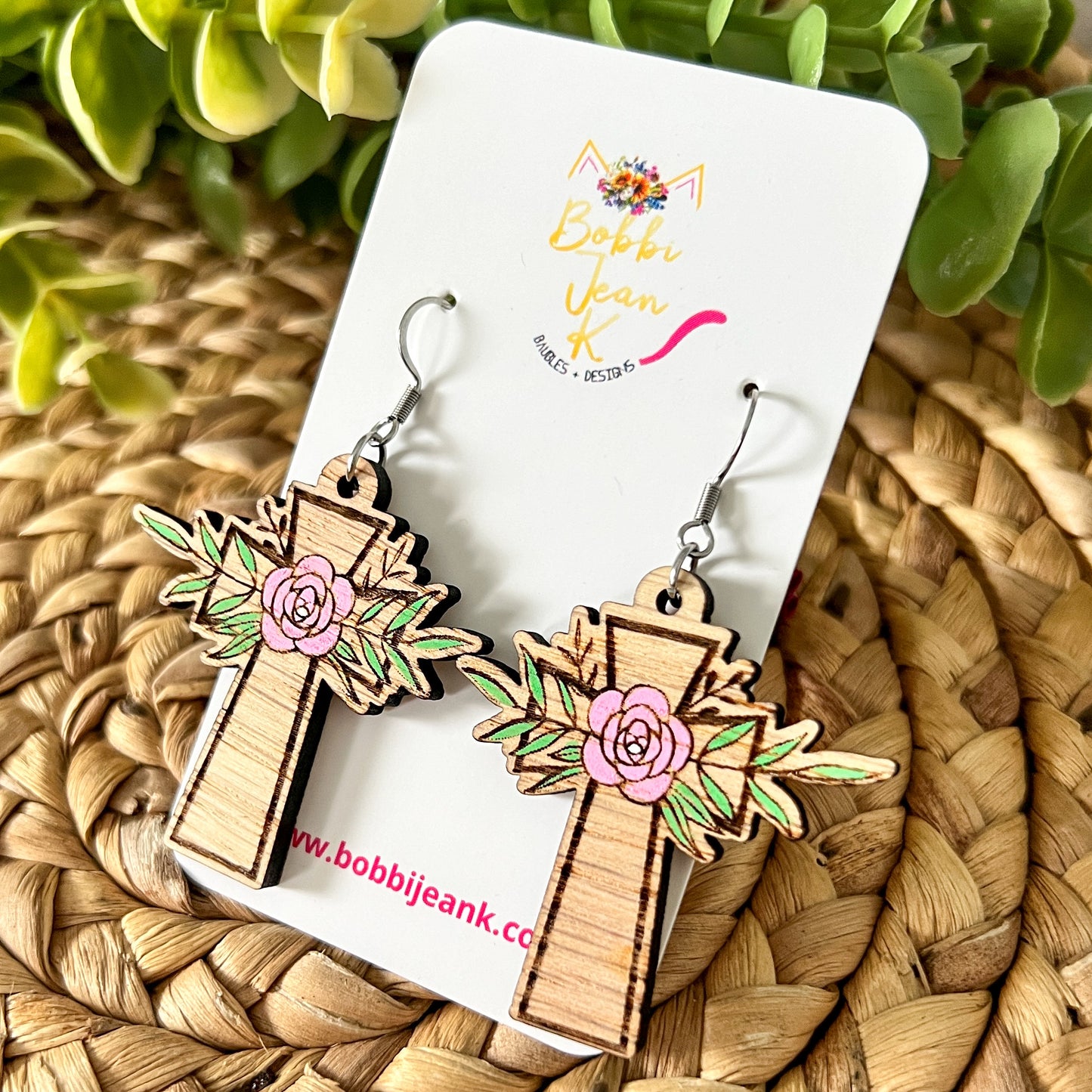 Hand Painted Floral Wood Cross Earrings