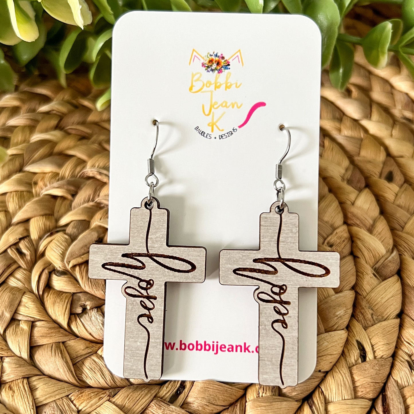 Dovetail Gray Wood Cross Earrings: Choose From Jesus, Faith, Hope, or Love