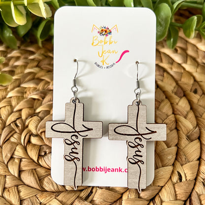 Dovetail Gray Wood Cross Earrings: Choose From Jesus, Faith, Hope, or Love