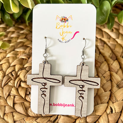 Dovetail Gray Wood Cross Earrings: ONLY ONE LOVE LEFT