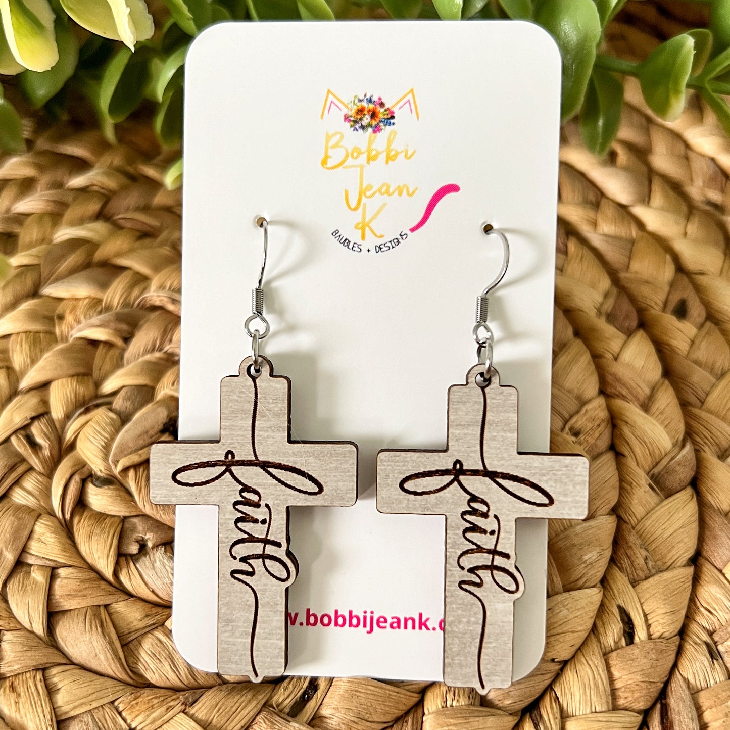 Dovetail Gray Wood Cross Earrings: Choose From Jesus, Faith, Hope, or Love