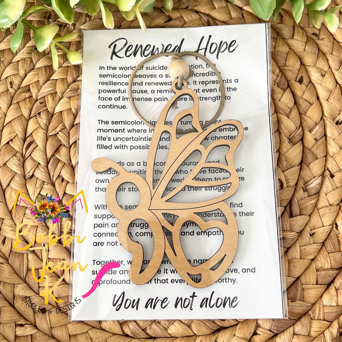 Semicolon Butterfly "Renewed Hope" Wood Story Ornament & Car Charm