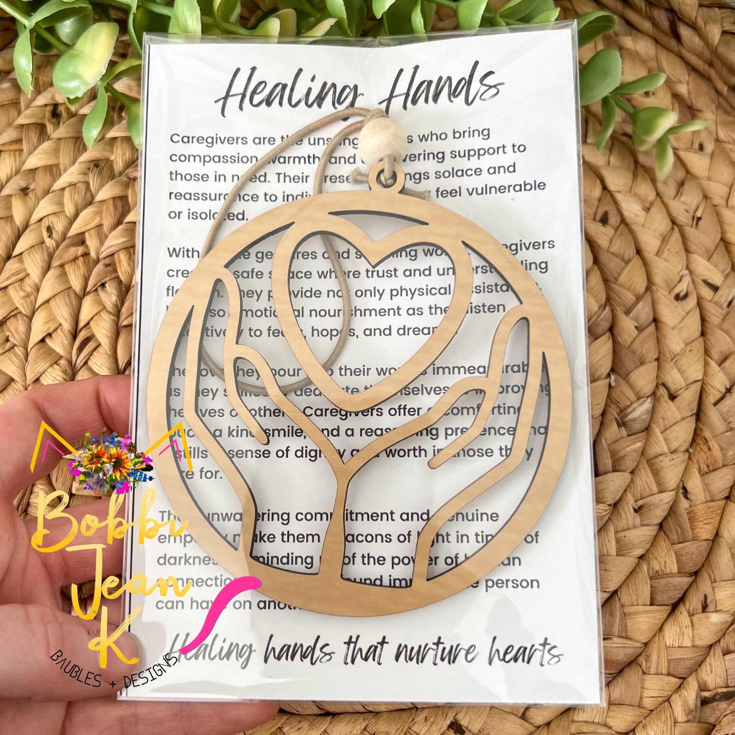 Caregiver "Healing Hands" Wood Story Ornament & Car Charm