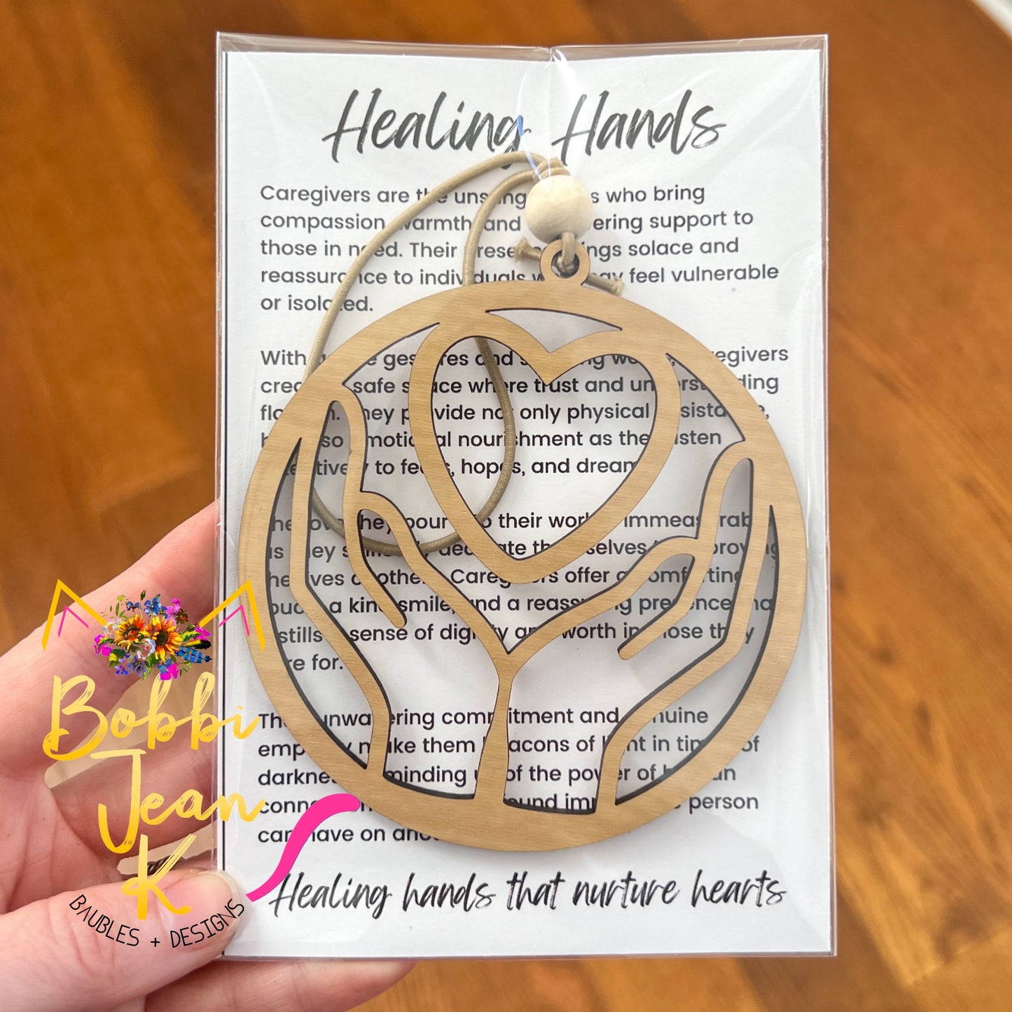 Caregiver "Healing Hands" Wood Story Ornament & Car Charm