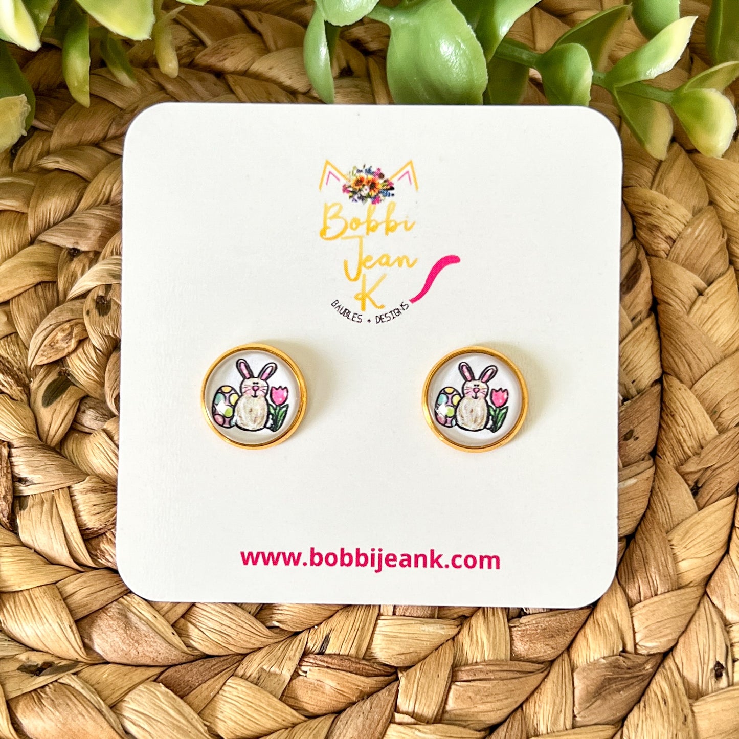 Vintage Bunny Glass Studs 12mm: Choose Silver or Gold Settings