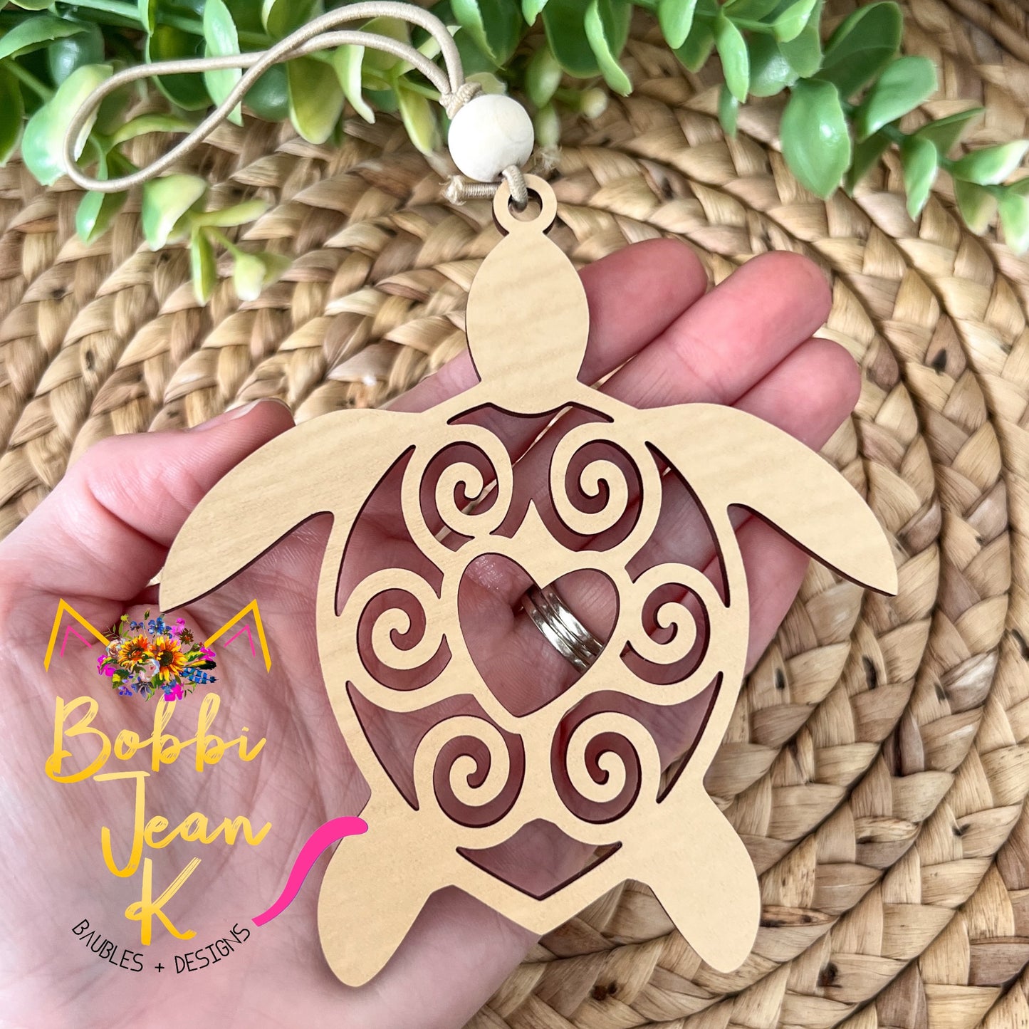 Sea Turtle "The Graceful Guardian" Wood Story Ornament & Car Charm