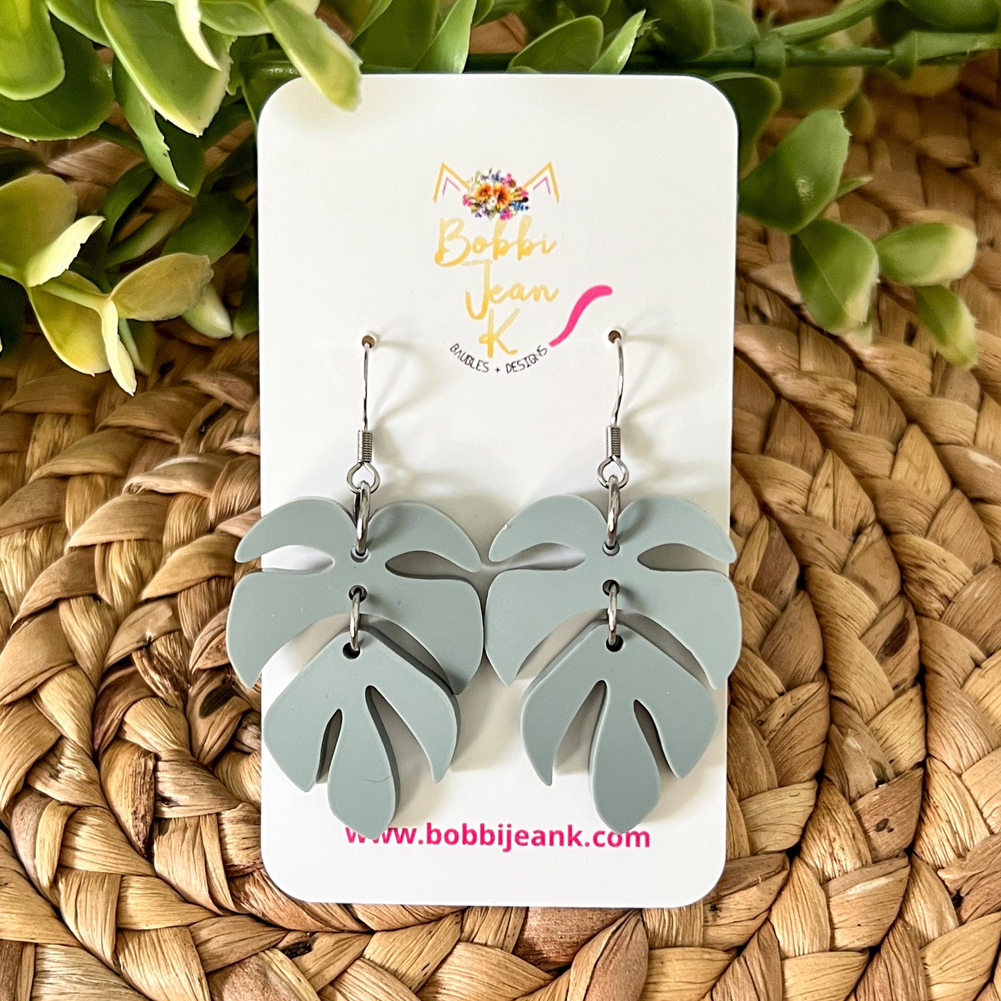 Sage Green Monstera Leaf Matte Acrylic Earrings (an August Bestie Box Pair)