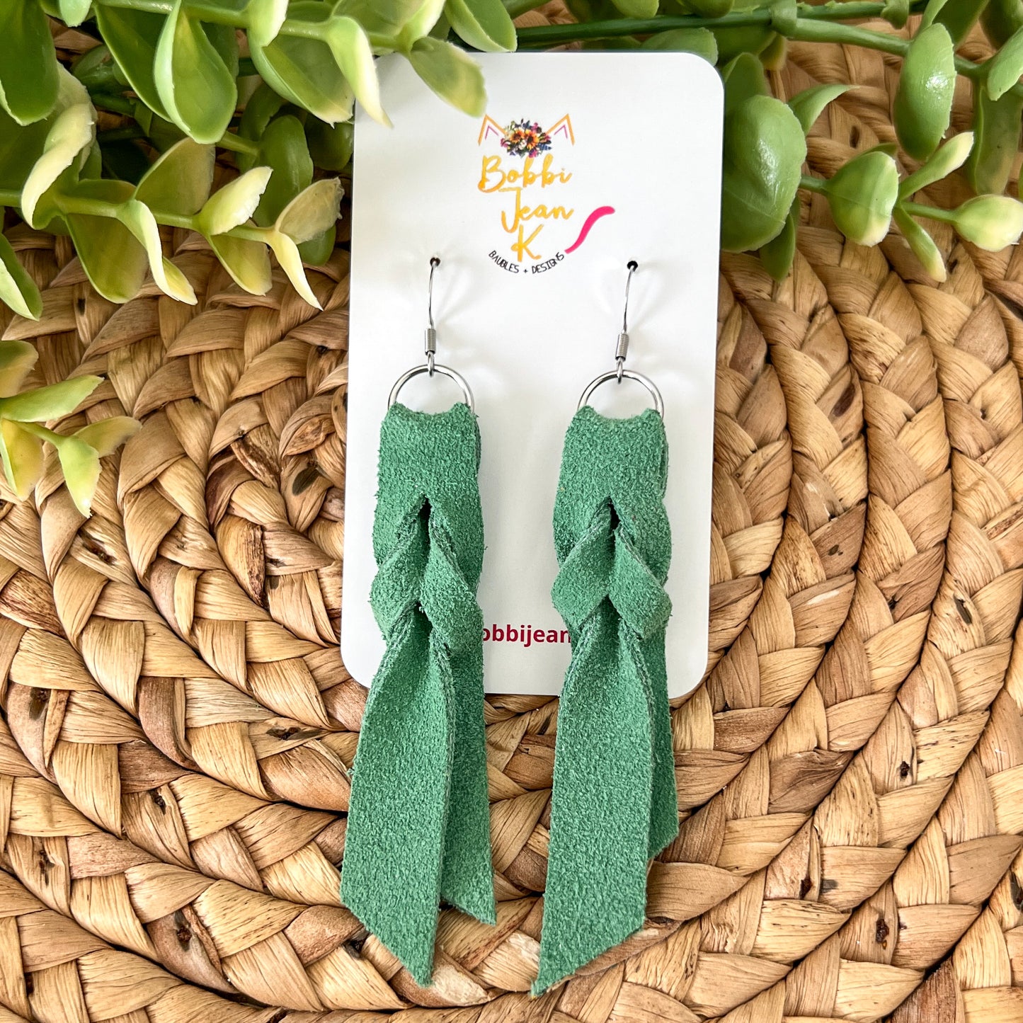 Light Green Hand Braided Suede Leather Earrings