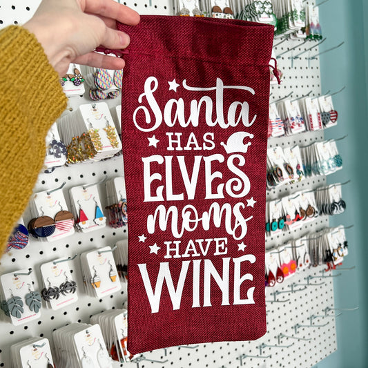 Wine Gift Bag: Santa Has Elves Moms Have Wine - Red