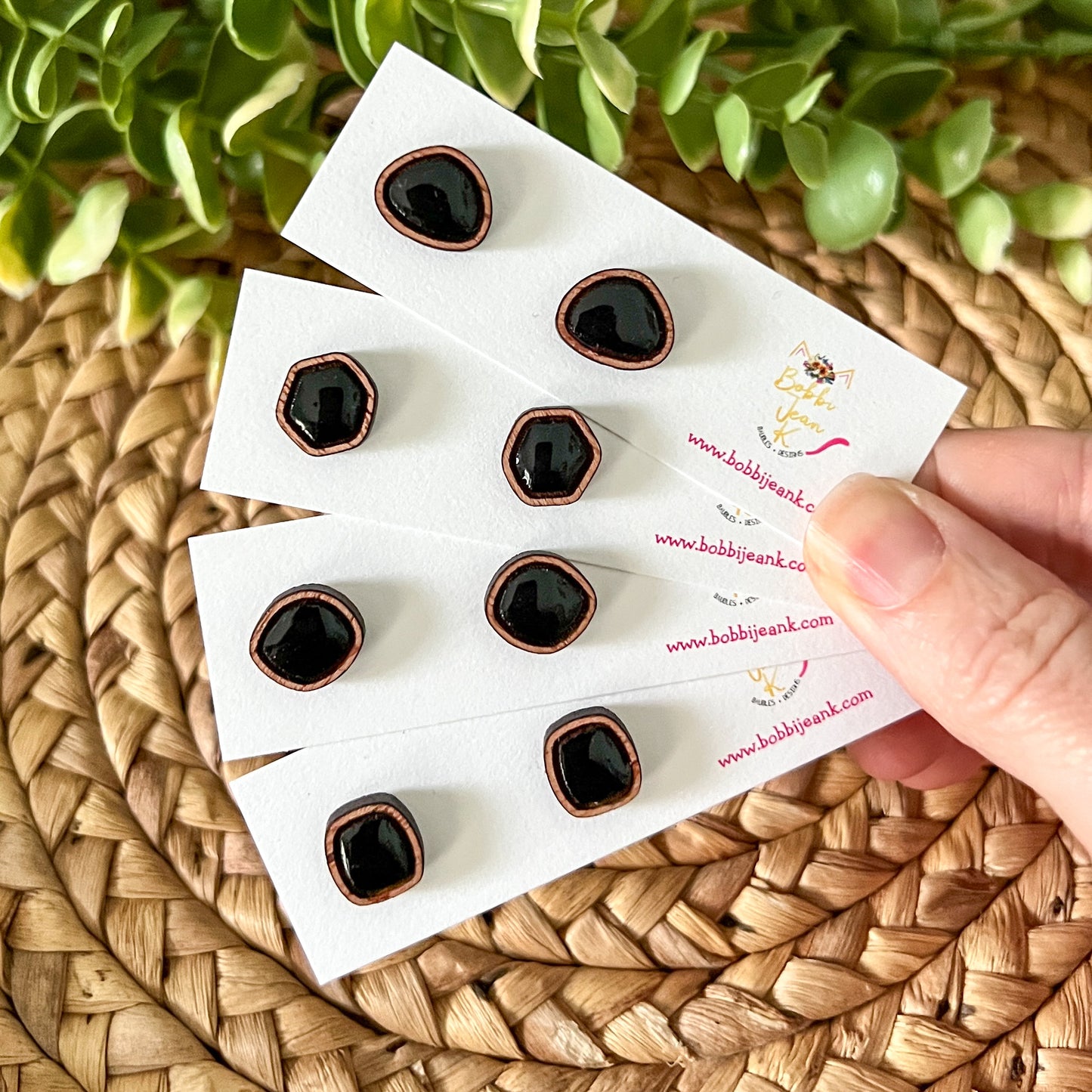 Black Hand Painted & Resined Wood Studs: Choose from 4 Styles