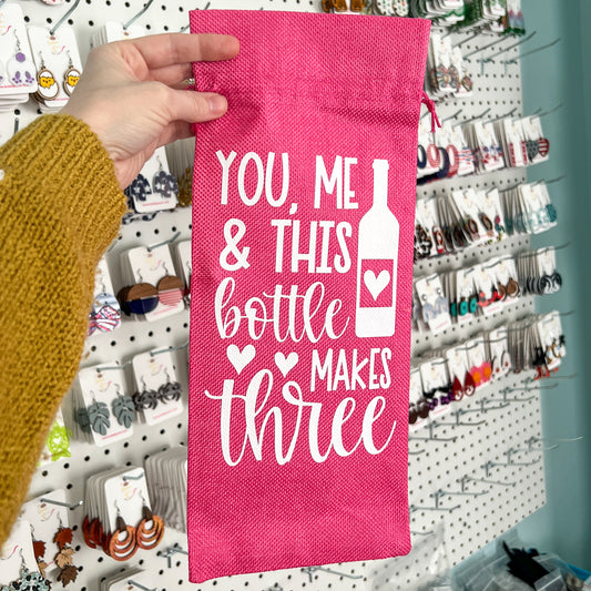 Wine Gift Bag: You, Me, & This Bottle Makes Three - Bright Pink