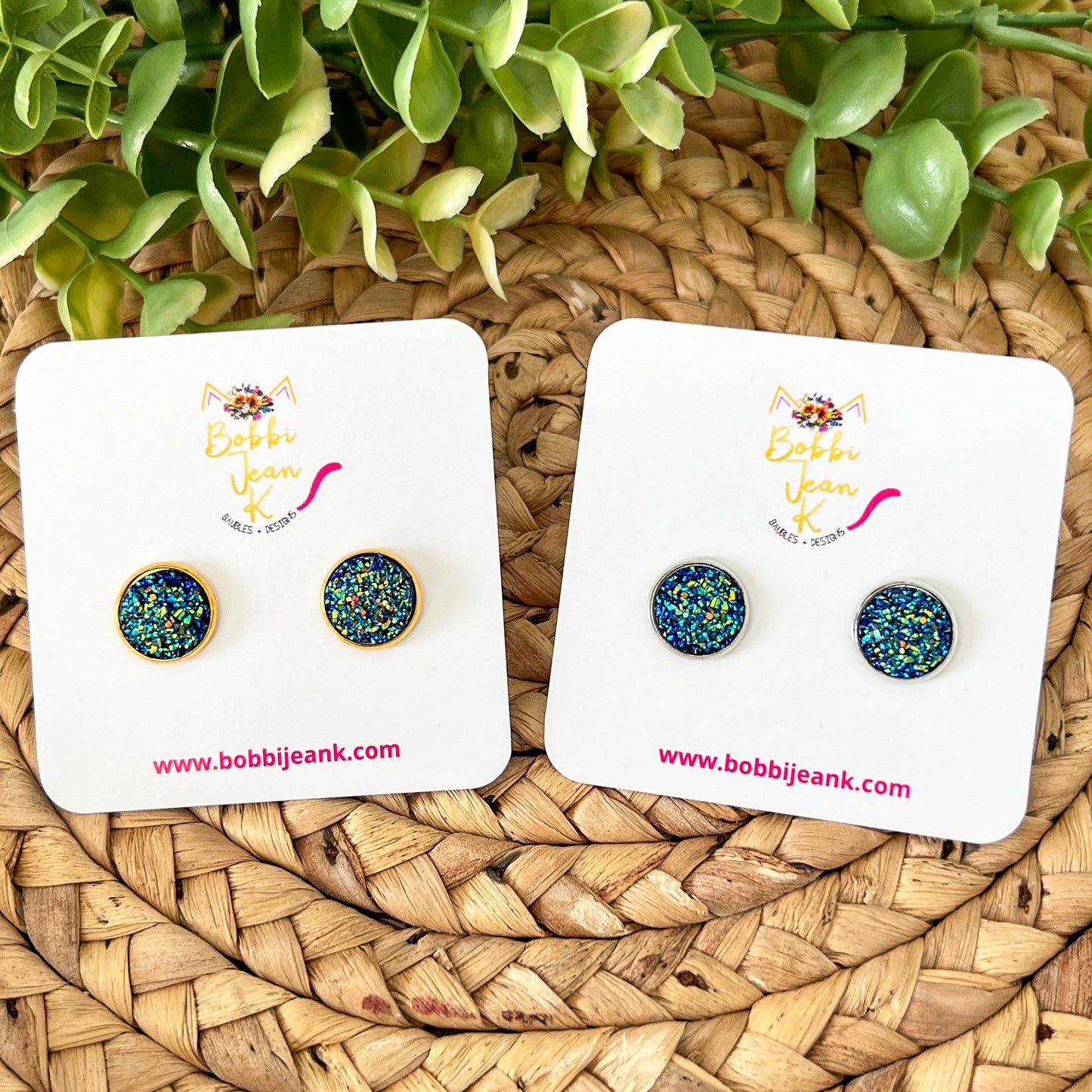 Blue Green Faux Druzy Studs 12mm: Choose Silver or Gold Settings