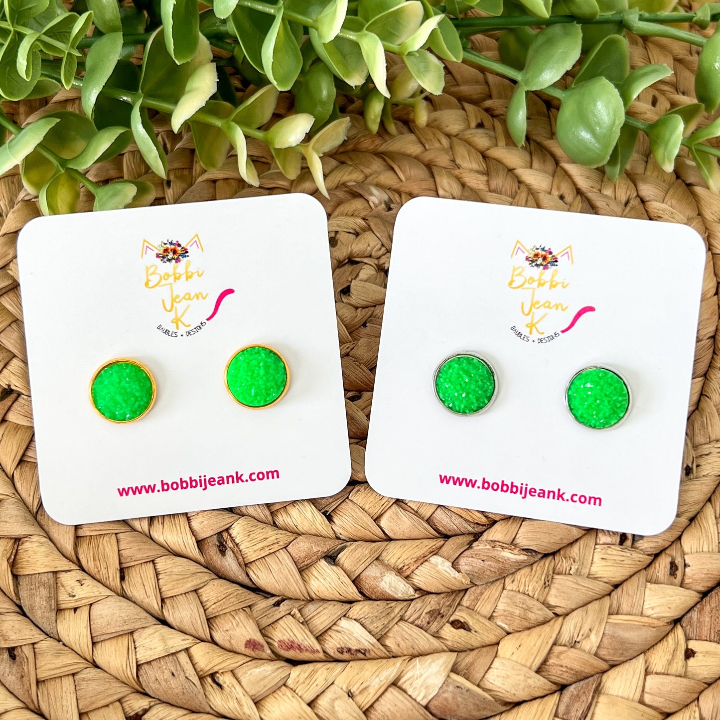 Lime Green Frosted Faux Druzy Studs 12mm: Choose Silver or Gold Settings