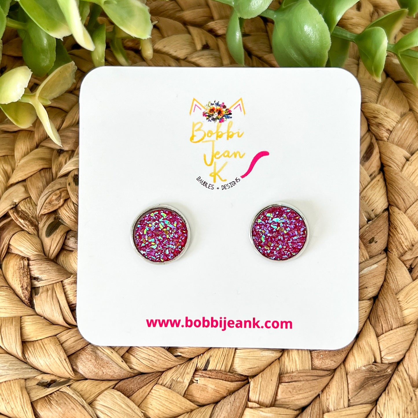 Magenta Faux Druzy Studs 12mm: Choose Silver or Gold Settings