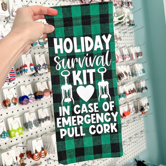 Wine Gift Bag: Holiday Survival Kit - Green Plaid