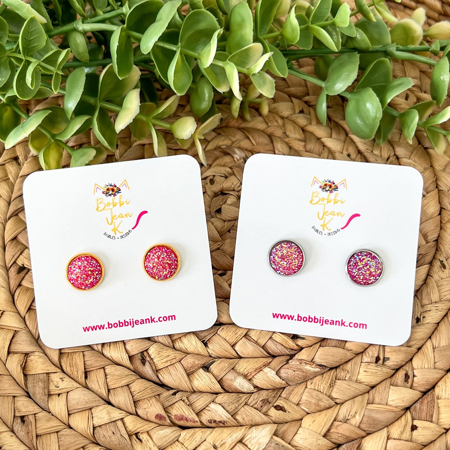 Hot Pink Faux Druzy Studs 12mm: Choose Silver or Gold Settings