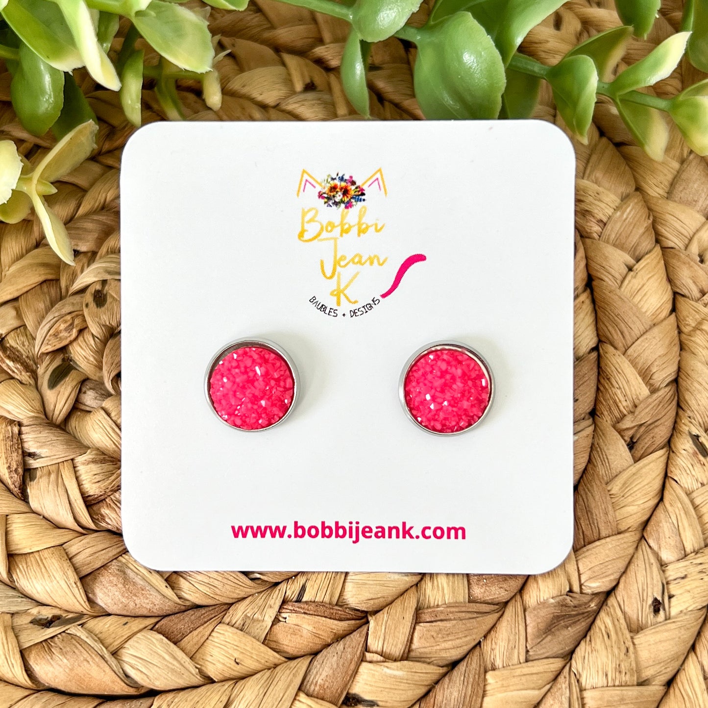 Hot Pink Frosted Faux Druzy Studs 12mm: Choose Silver or Gold Settings