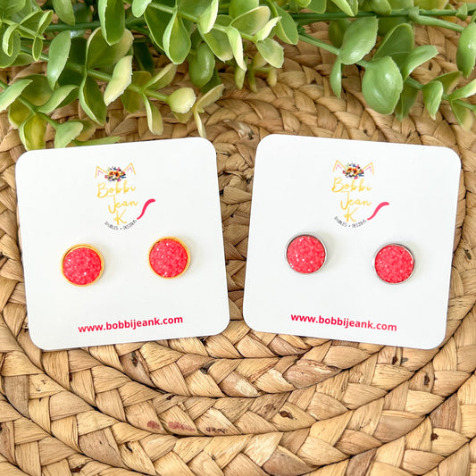 Hot Pink Frosted Faux Druzy Studs 12mm: Choose Silver or Gold Settings