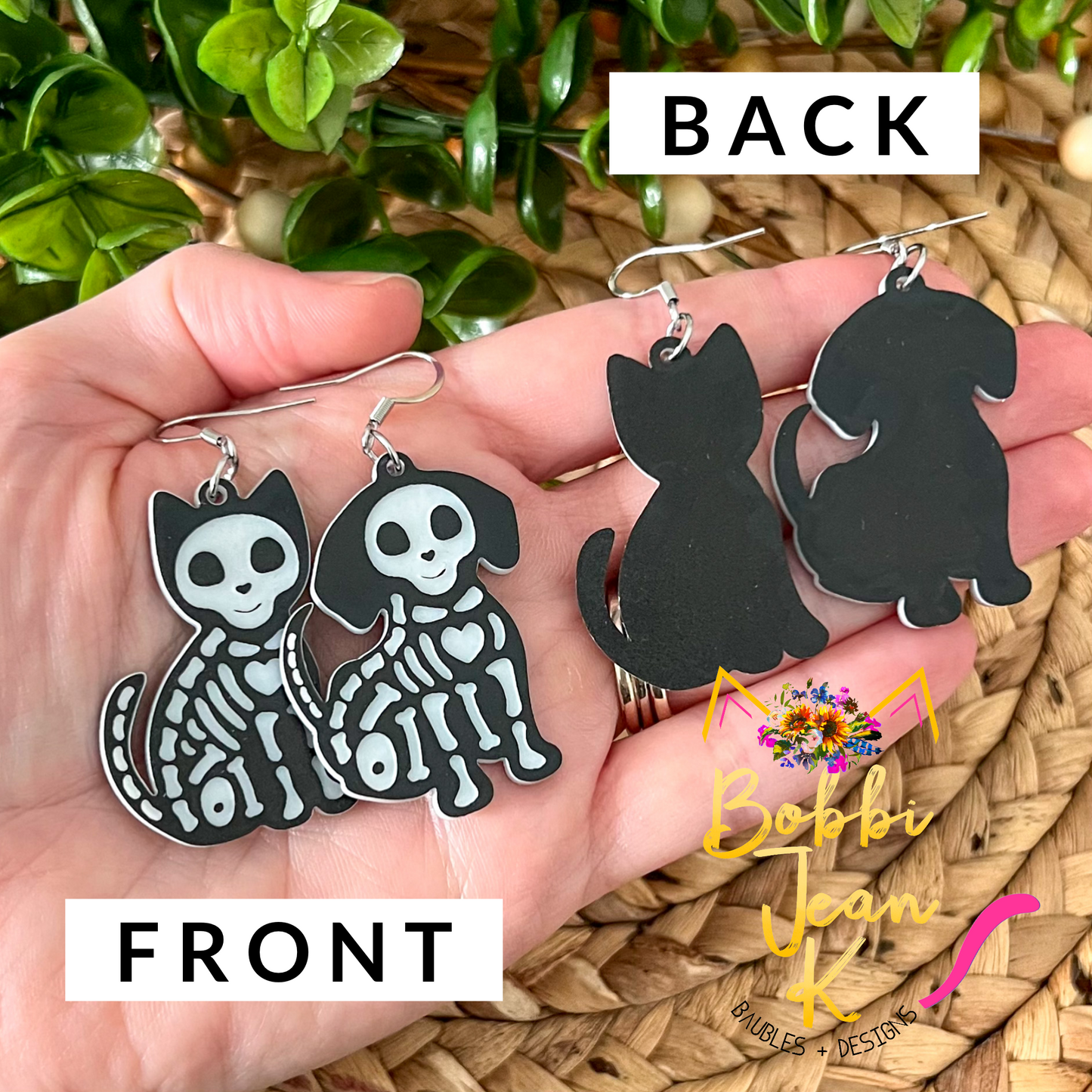 Skelton Cat & Dog Acrylic Earrings