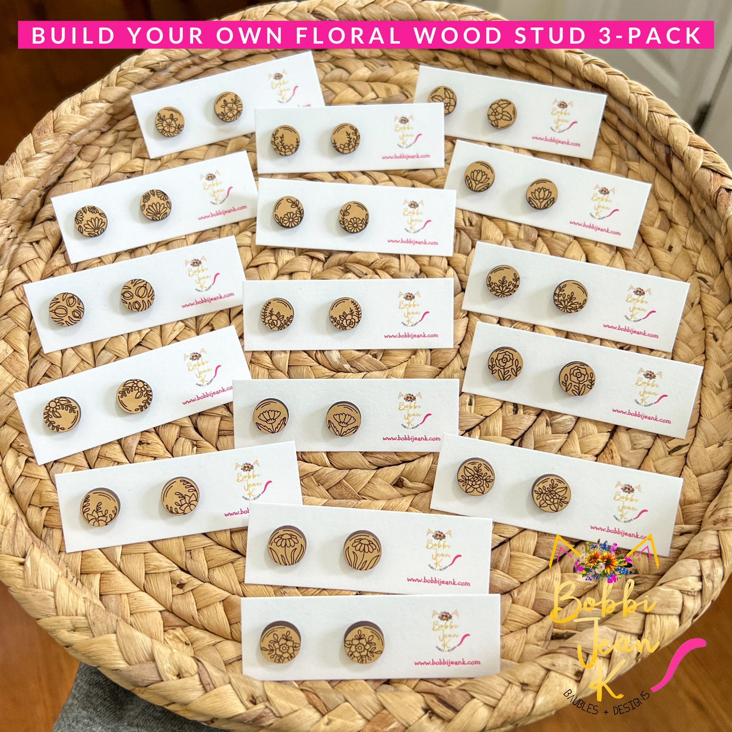 BUILD YOUR OWN 3-PACK: Floral Wood Studs - Choose from 16 Different Designs