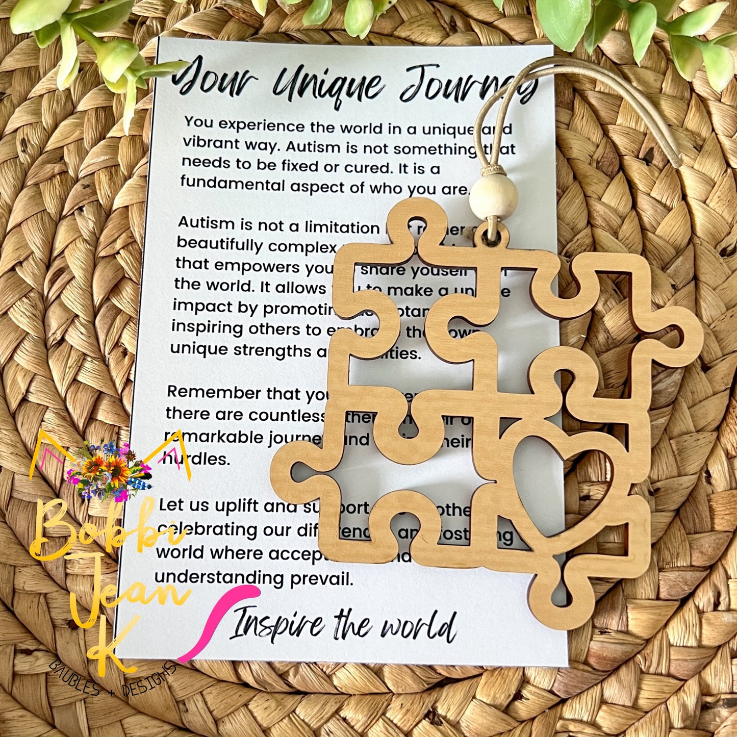 Autism Puzzle Pieces "Your Unique Journey" Wood Story Ornament & Car Charm