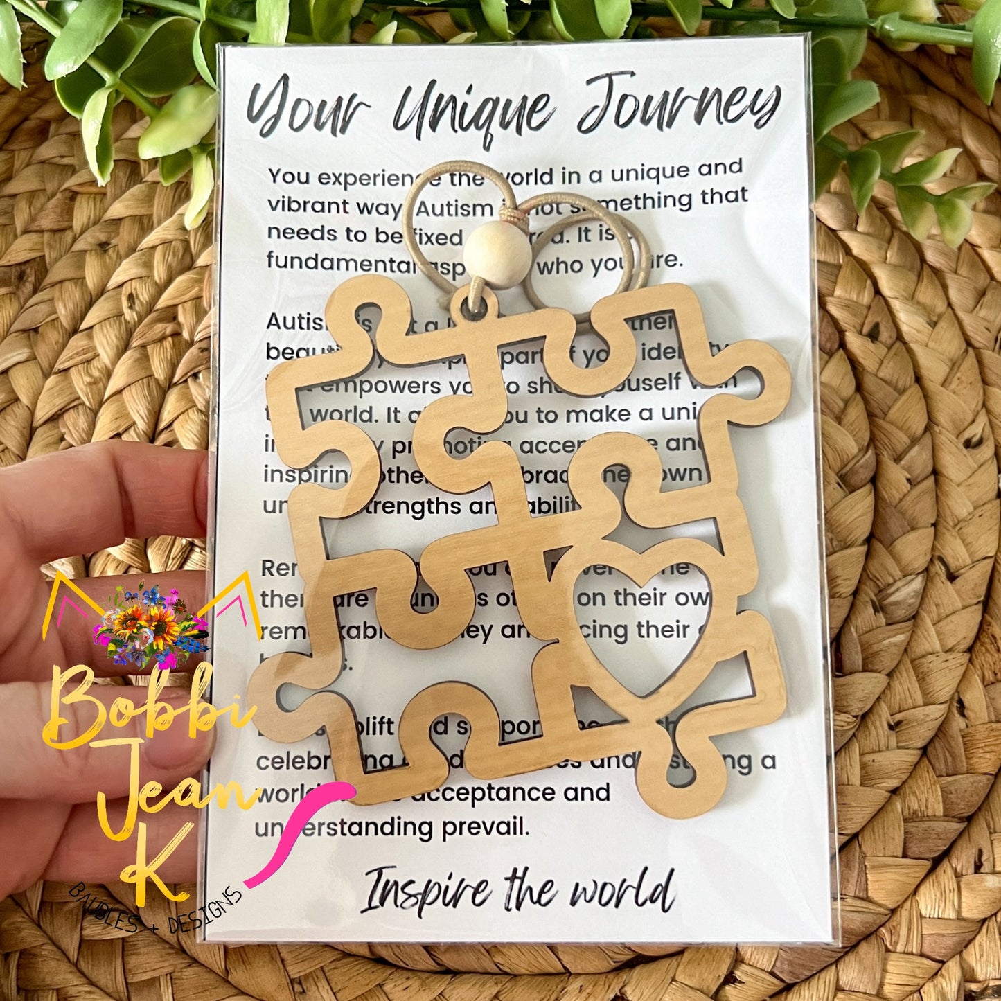 Autism Puzzle Pieces "Your Unique Journey" Wood Story Ornament & Car Charm