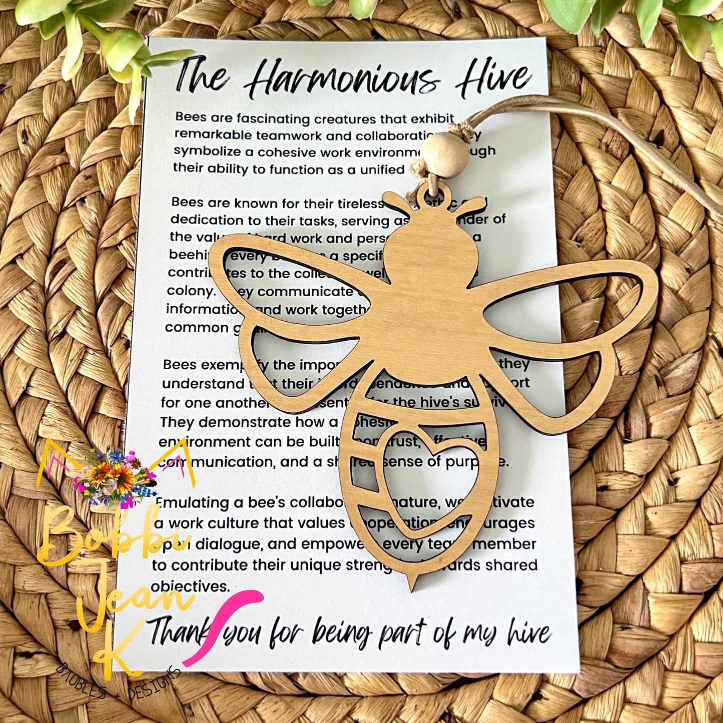 Bee "The Harmonious Hive" Wood Story Ornament & Car Charm