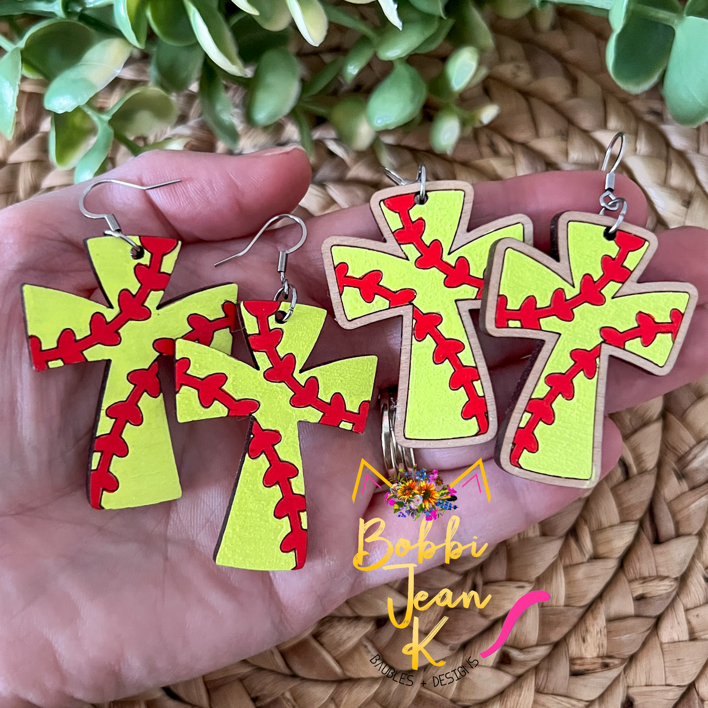 Hand Painted Softball Cross Wood Earrings: Choose from 2 Styles