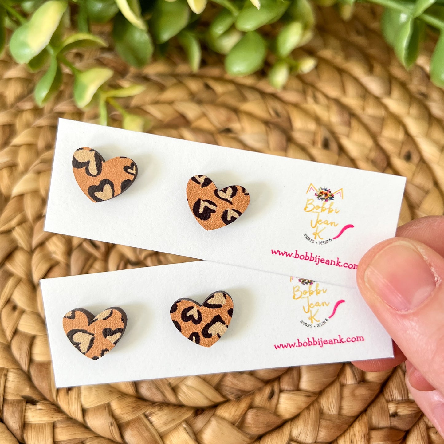 Leopard Heart Print Wood Cross Earrings & Heart Studs