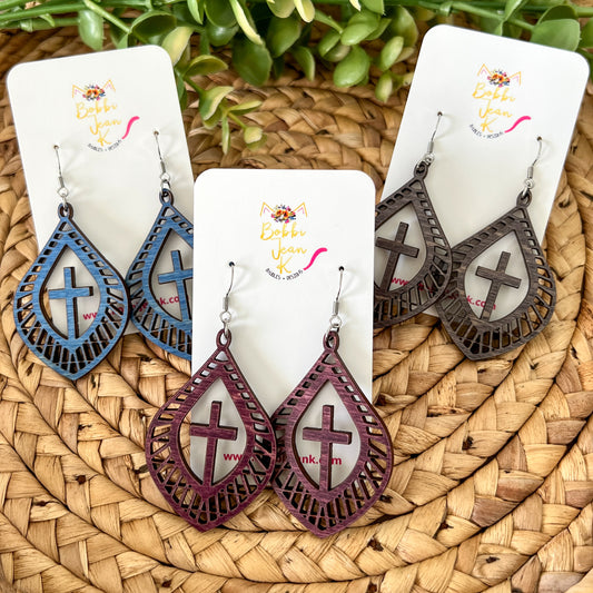 Flourished Teardrop Cross Dyed Wood Earrings: Choose From 3 Colors