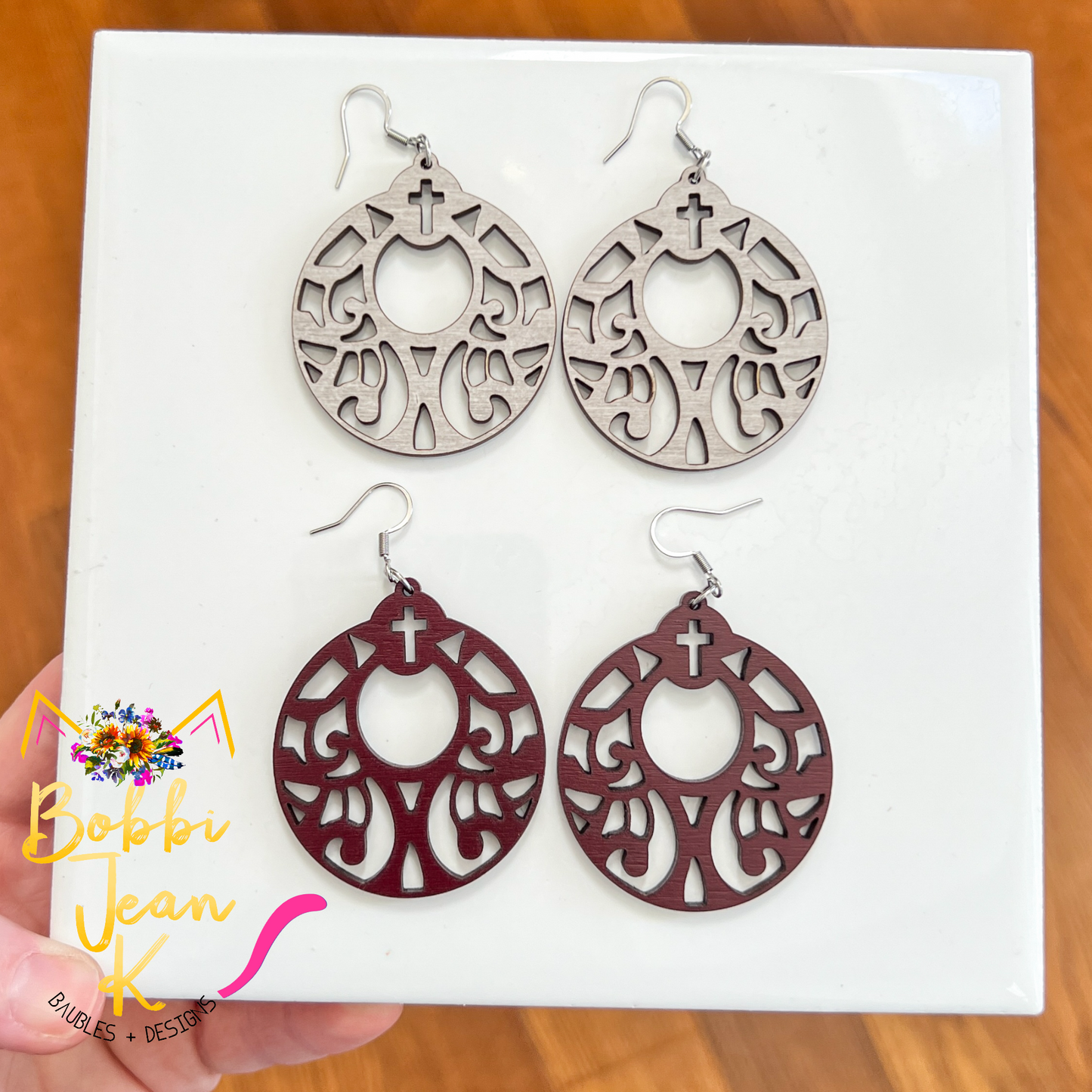 Detailed Cross Hoop Dyed Wood Earrings: Choose From 2 Colors