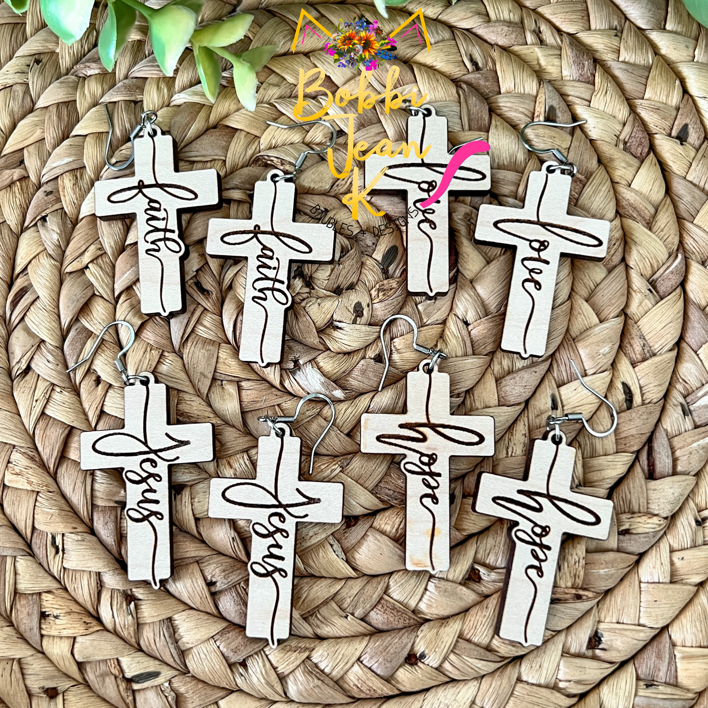 Maple Wood Cross Earrings: Choose From Jesus, Faith, Hope, or Love
