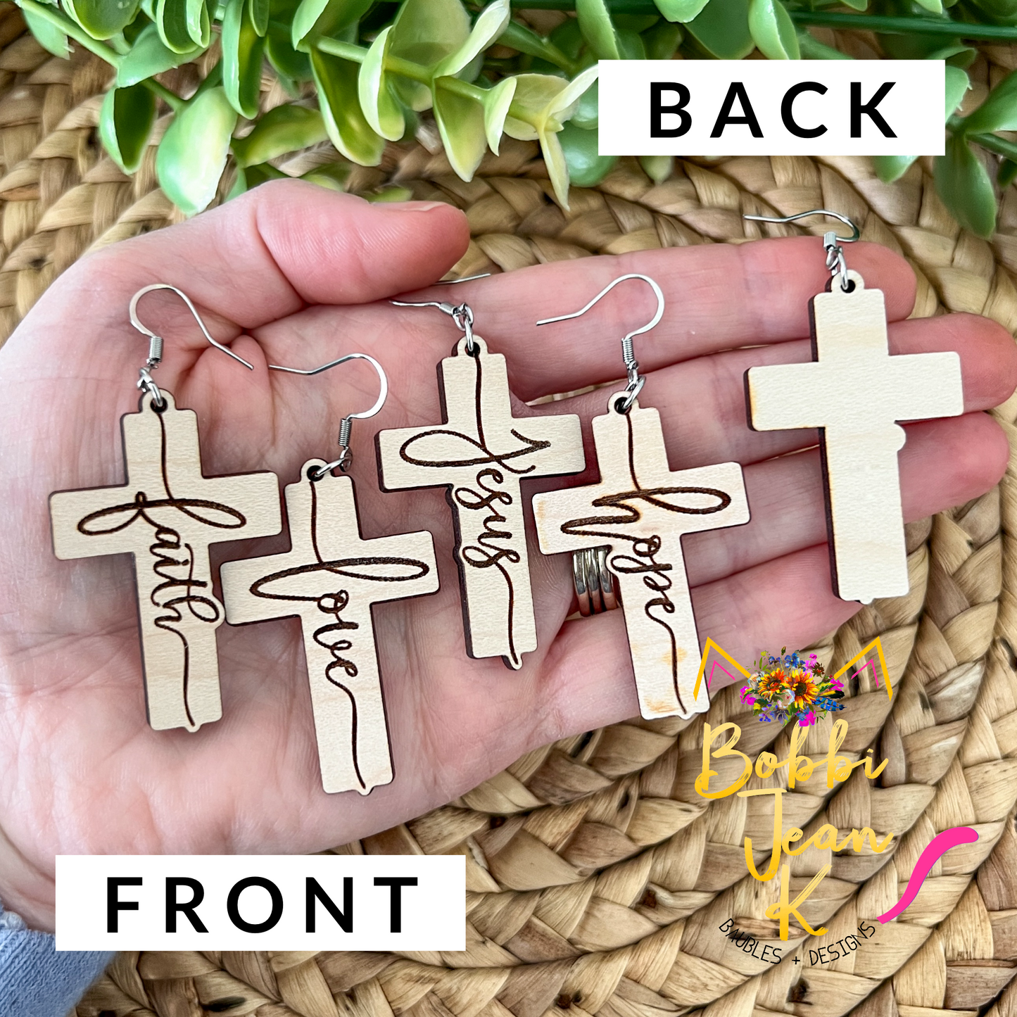 Maple Wood Cross Earrings: Choose From Jesus, Faith, Hope, or Love