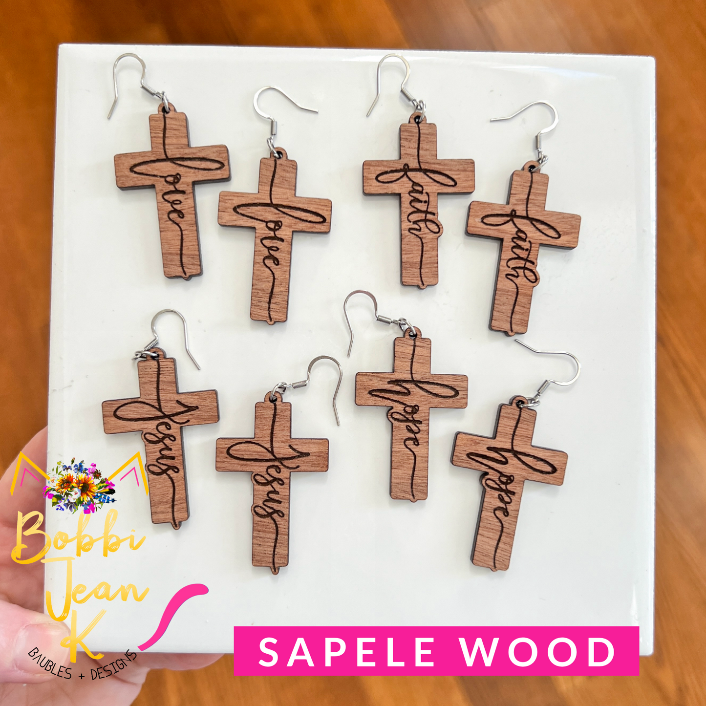 Sapele Wood Cross Earrings: Choose From Jesus, Faith, Hope, or Love