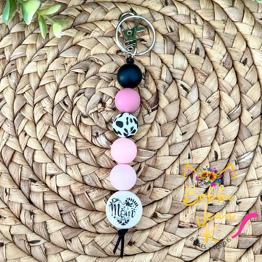 Pink Cow Print Mom Silicone Beaded Keychain/Bag Charm - ONLY ONE LEFT