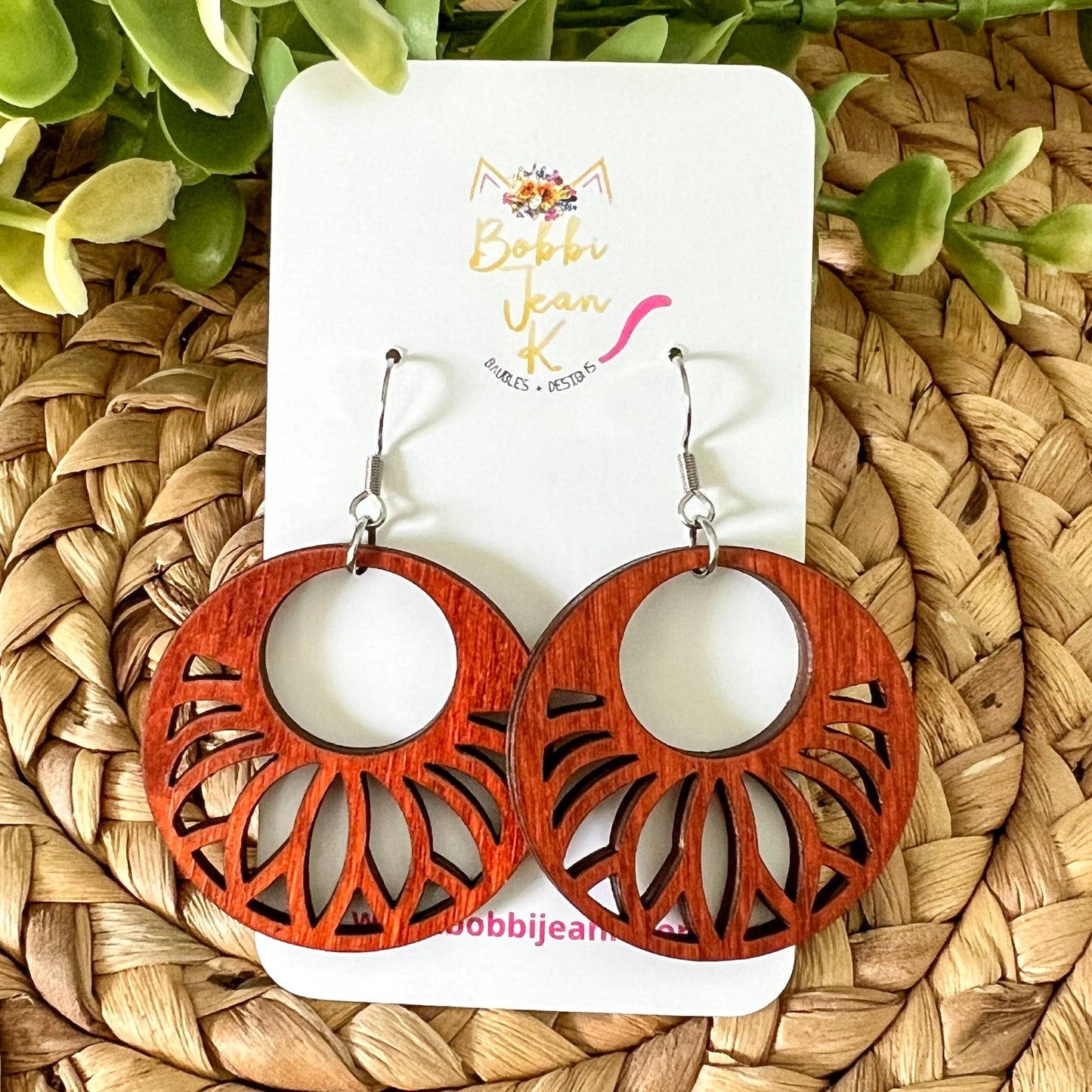 Floral Circle Dyed Wood Earrings: Choose From 3 Colors