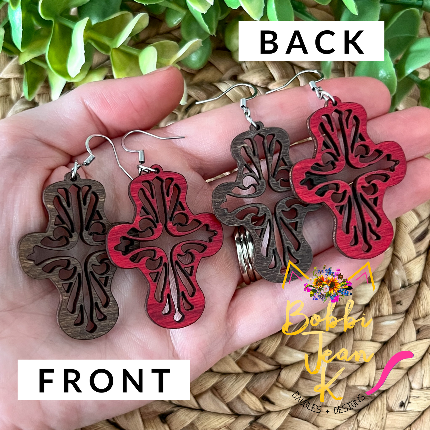 Ornate Cross Dyed Wood Earrings: Choose From 2 Colors