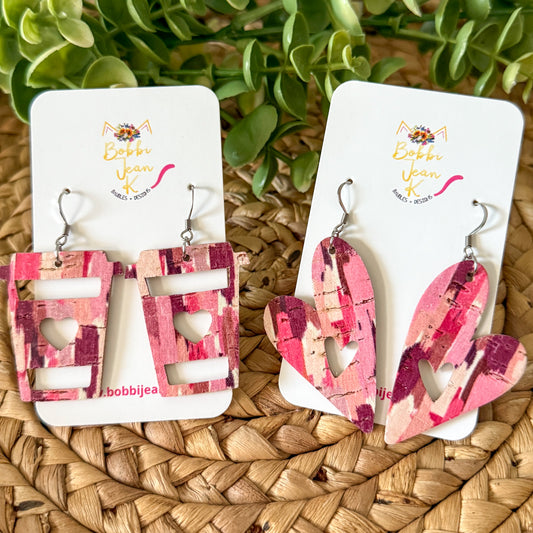 Shades of Pink Cork on Leather Earrings: Choose From 2 Shape Options - LAST CHANCE