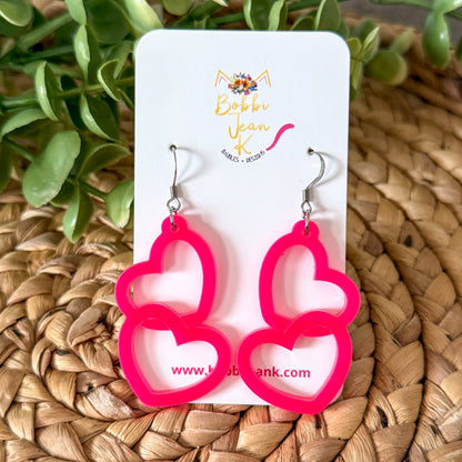 Hot Pink Acrylic Connected Double Heart Earrings: ONLY 2 2-INCH LEFT