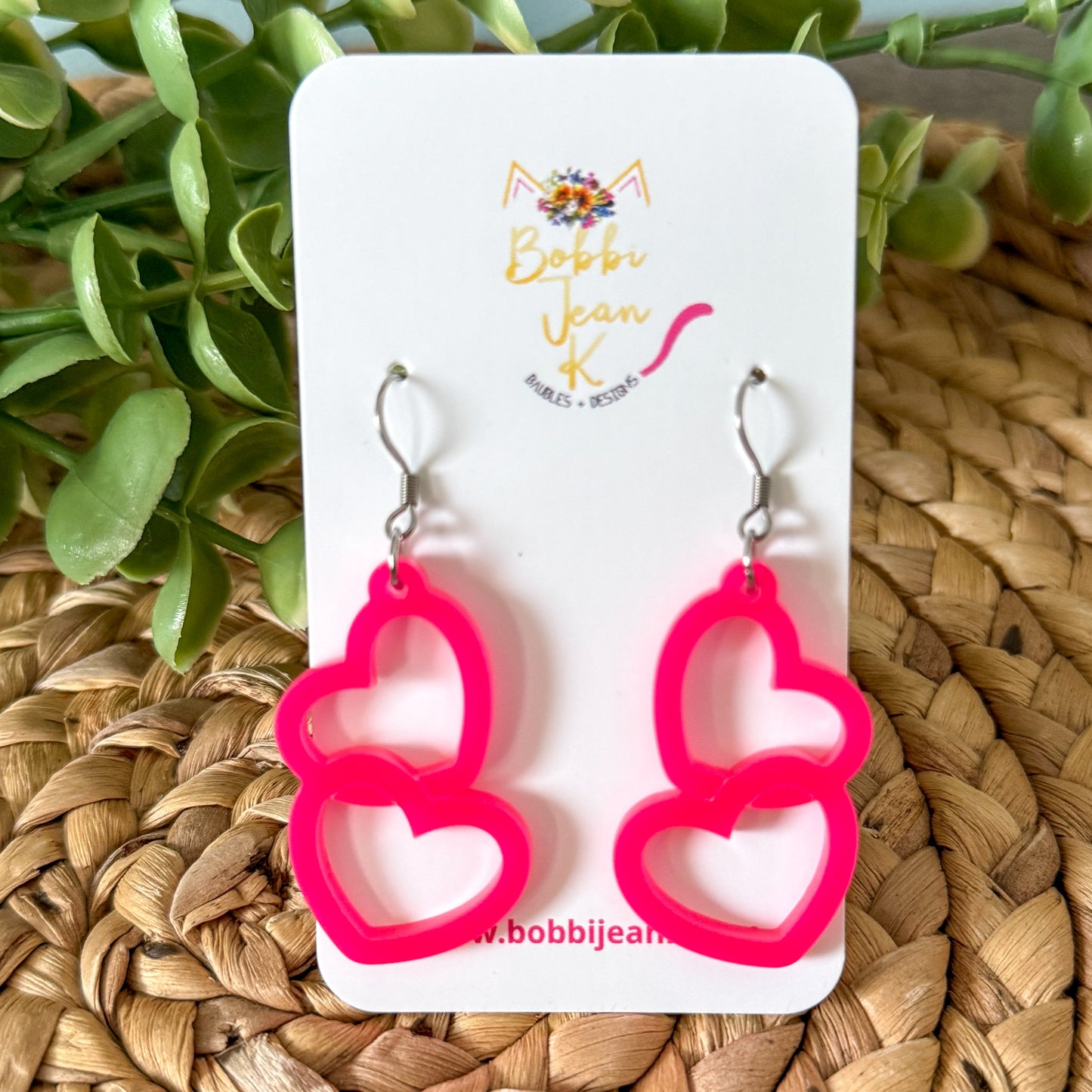 Hot Pink Acrylic Connected Double Heart Earrings: Choose From 2 Sizes