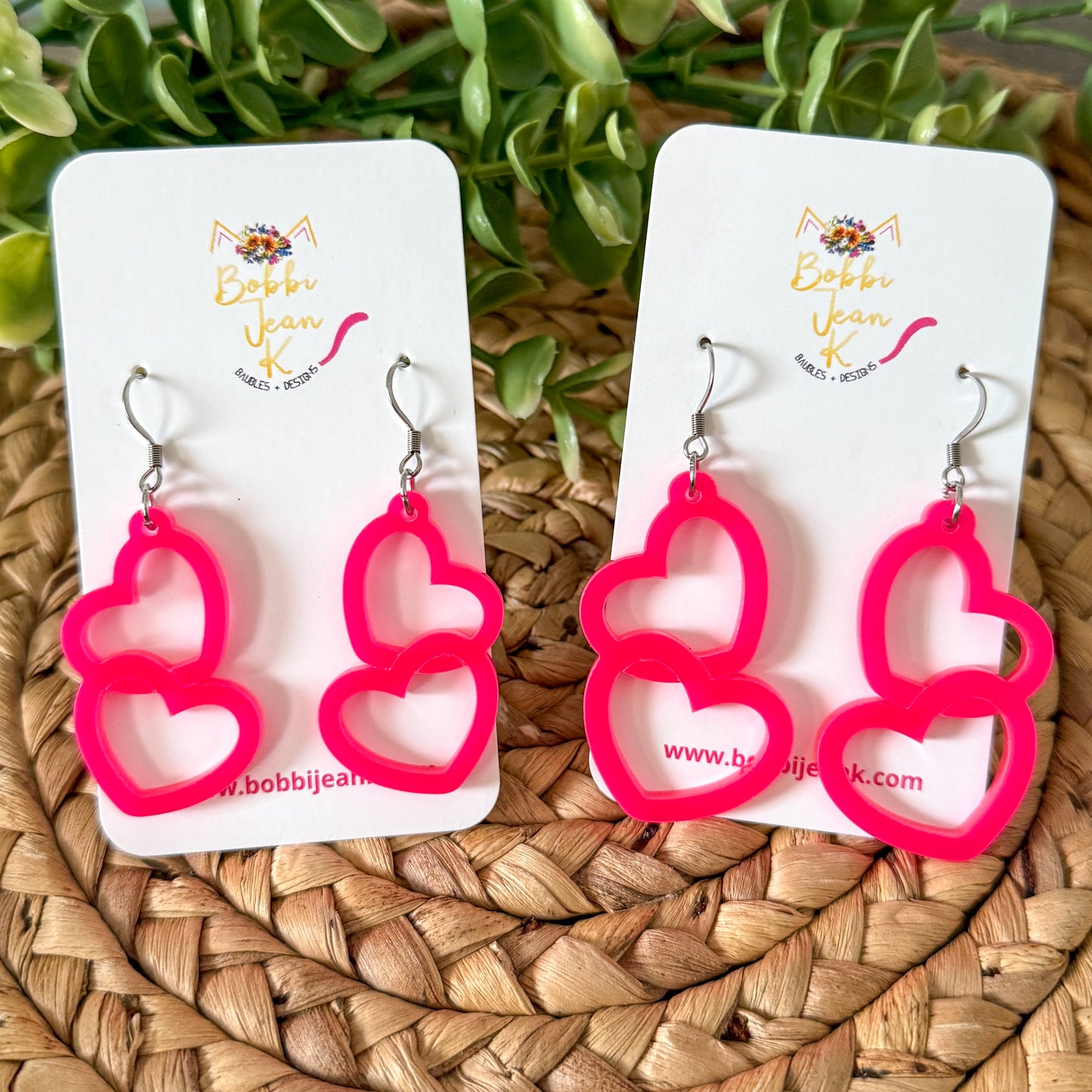 Hot Pink Acrylic Connected Double Heart Earrings: Choose From 2 Sizes