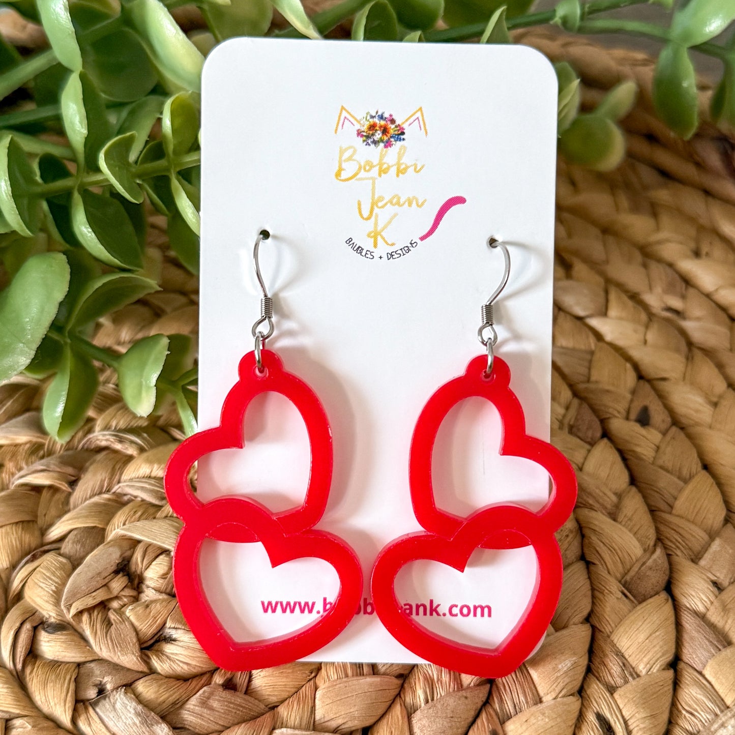 Red Acrylic Connected Double Heart Earrings: Choose From 2 Sizes