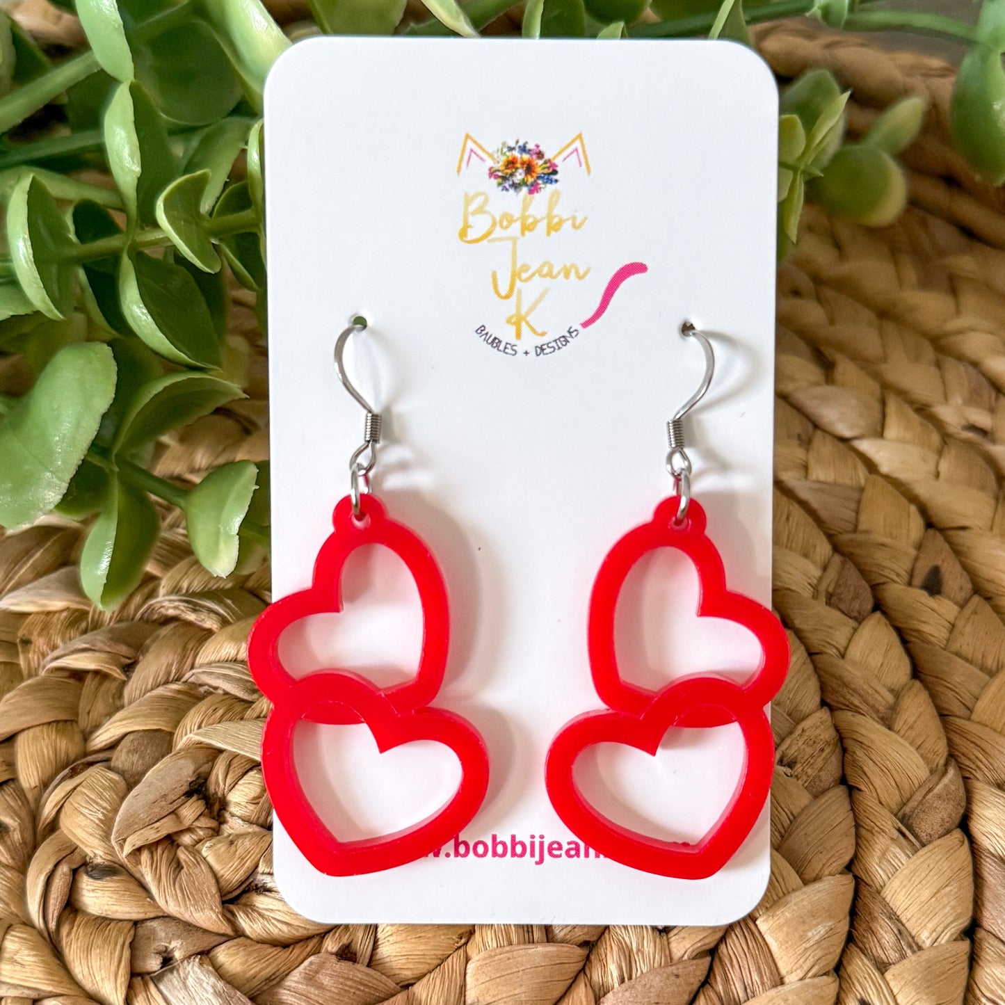 Red Acrylic Connected Double Heart Earrings: Choose From 2 Sizes