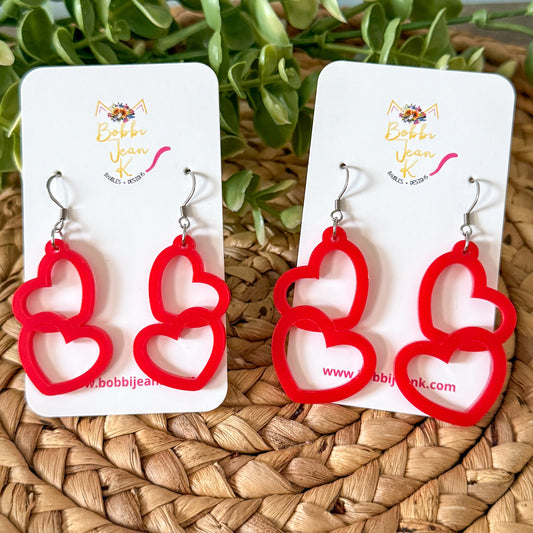 Red Acrylic Connected Double Heart Earrings: Choose From 2 Sizes