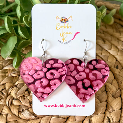 Mirrored Acrylic Engraved Leopard Heart Earrings: Choose From 3 Colors