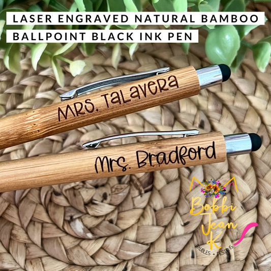 Custom Personalized Engraved Natural Bamboo Ballpoint Black Ink Pen: Choose from 2 Font Options