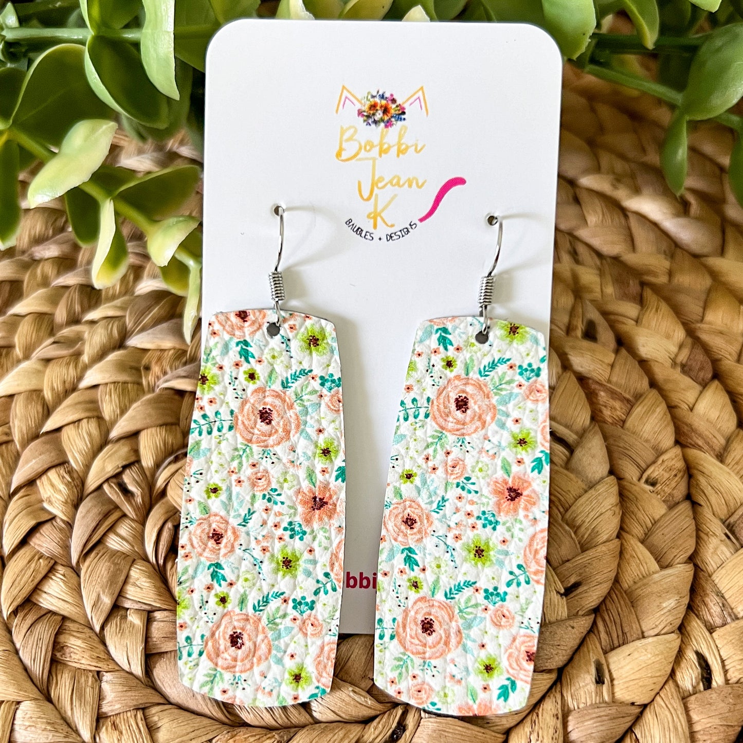 Peach Floral Leather Earrings: Choose From 2 Styles - ONLY ONE BAR LEFT