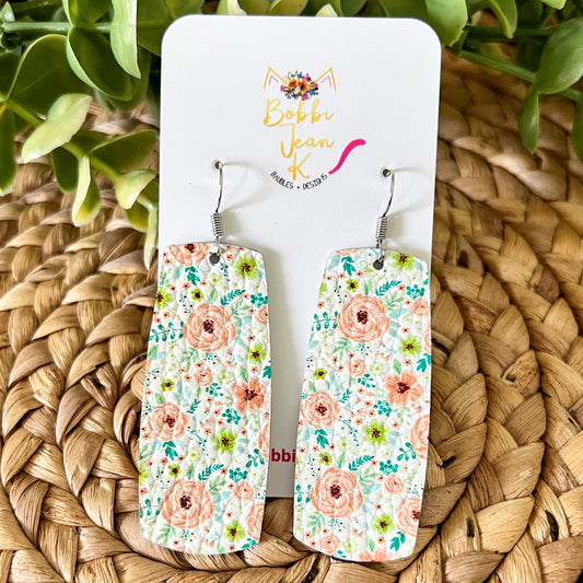 SALE: Peach Floral Leather Bar Earrings - ONLY ONE BAR LEFT