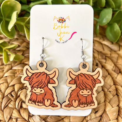 Highland Cow Hand Painted Wood Earrings: Choose from 3 Sizes - ONLY 1.5 SIZE LEFT