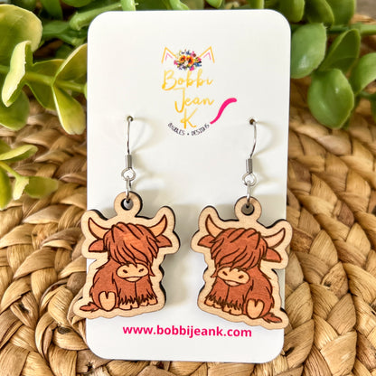 Highland Cow Hand Painted Wood Earrings: Choose from 3 Sizes